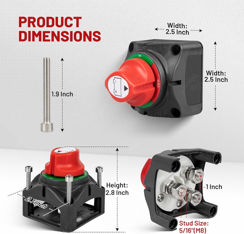 RED WOLF 1-2-Both-Off Battery Switch DC 12V-48V 200A, Heavy Duty Marine Battery Power Cut Master Switch Disconnect Isolator Ignition Protected for Automotive RV Marine Battery Kill w/M8 Stud - Image 5